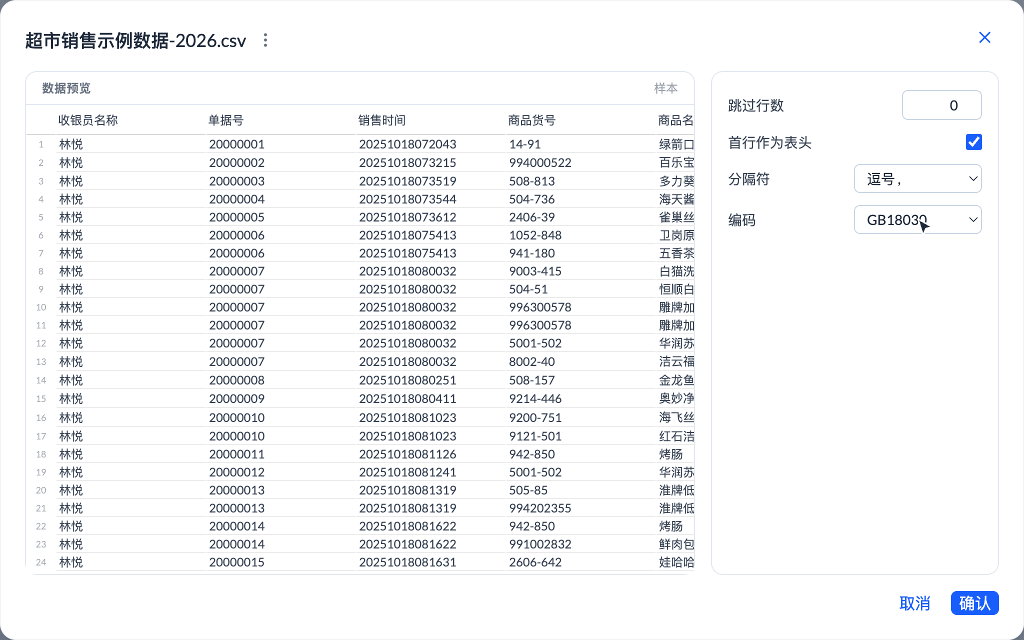 数力的导入预览：一份 GBK 编码的超市销售数据，编码被自动识别为 GB18030，收银员名称、商品名称等中文列全部显示正常