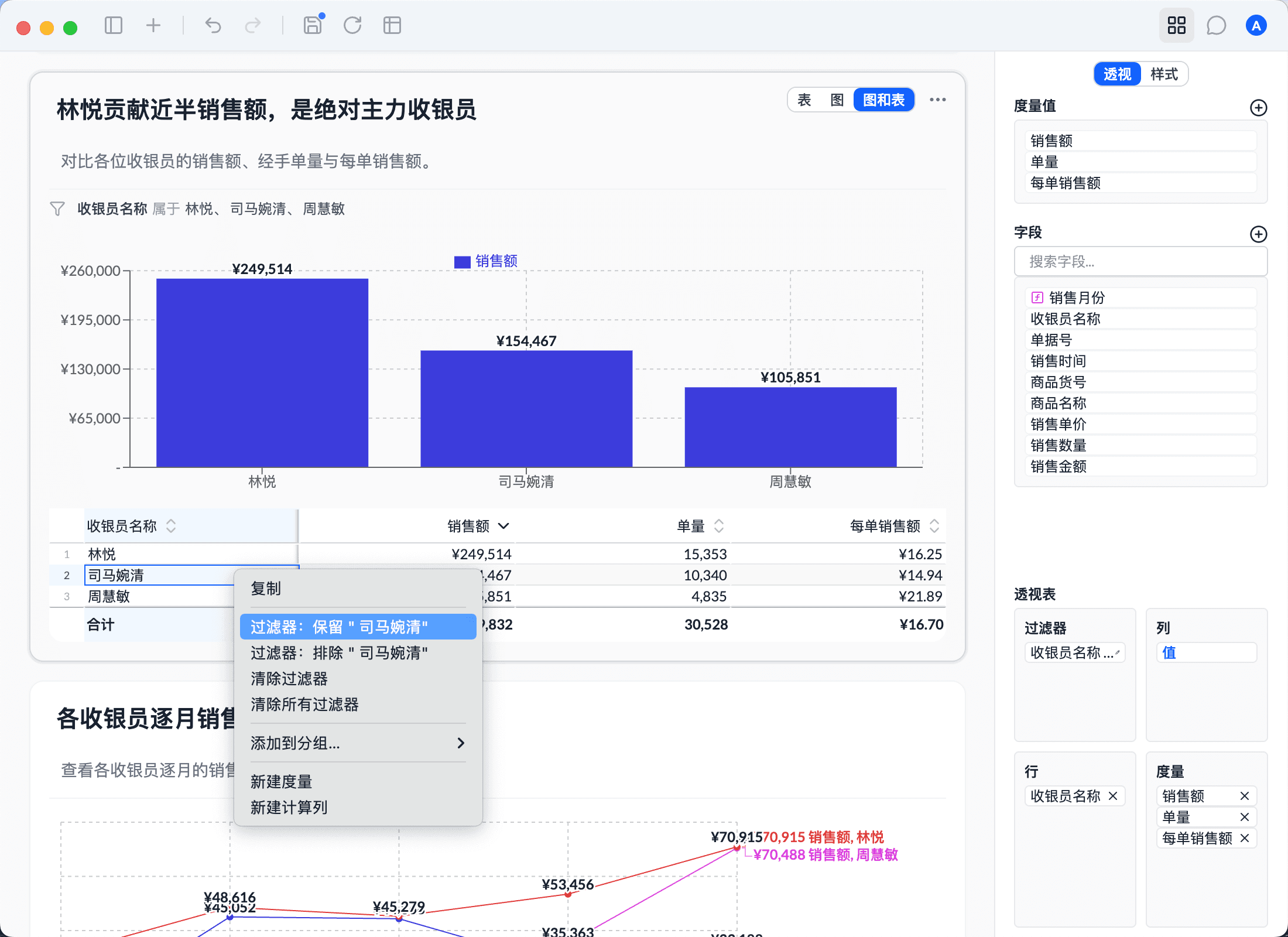 透视表单元格的右键菜单:保留、排除、添加到分组、新建度量